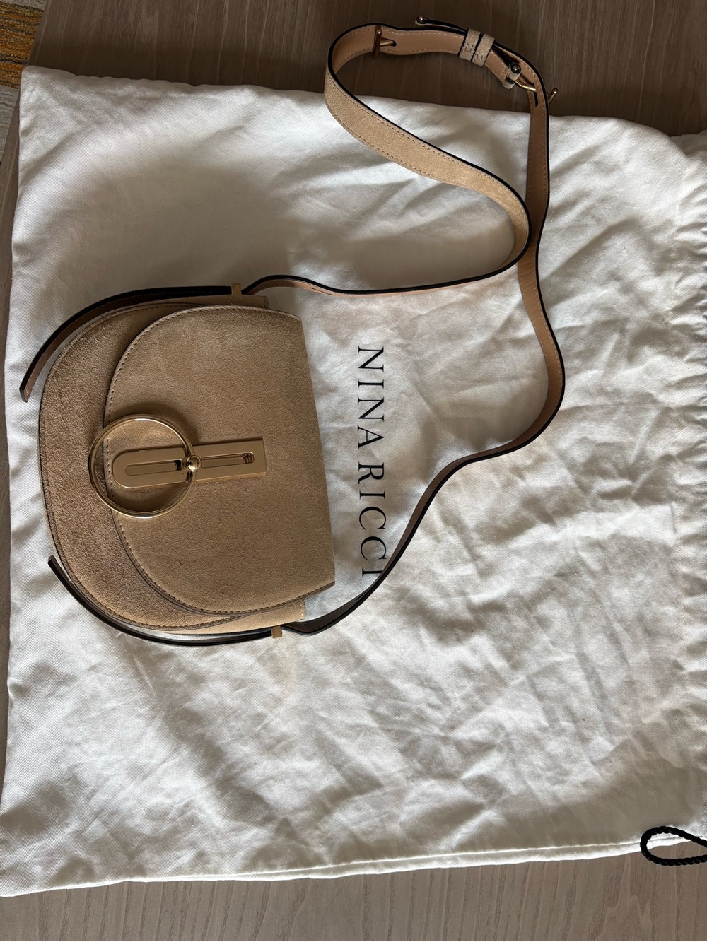 Nina Ricci Beige Suede Crossbody with Gold Hardware